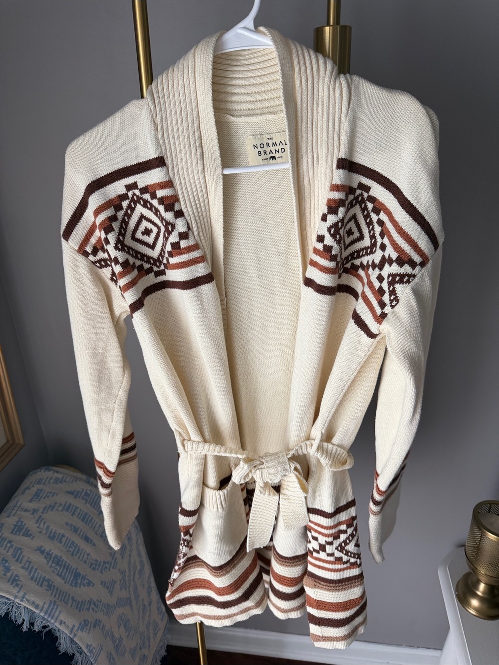 The Normal Brand Cream Cardigan with Brown Geometric Accents
